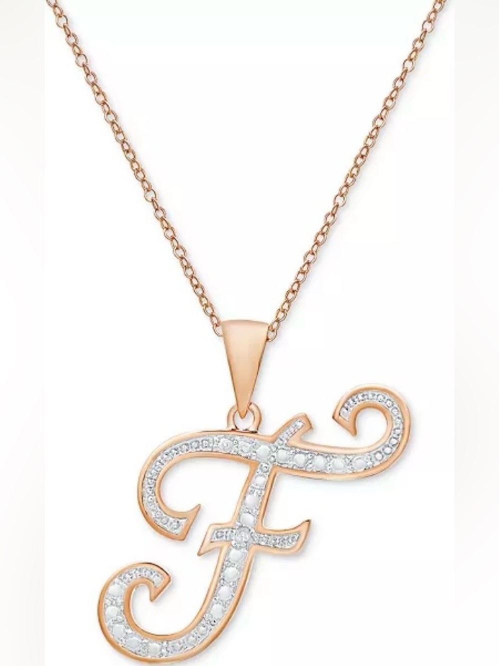 Macys Diamond Accent Script Initial “F” Pendant Necklace in Rose Gold Plate